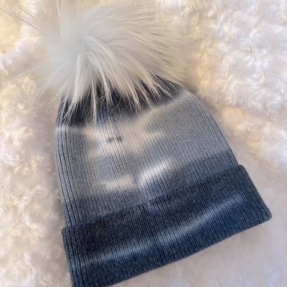 Tie dye Blue Winter Beanie Hat with Real Fox Fur Pompom